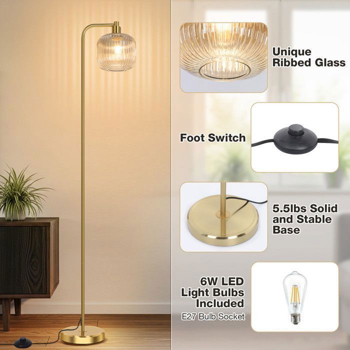 Lampadaire salon avec Abat-jour en verre nervuré marron clair,ampoule LED,interrupteur à pied,base métal stable,Pour cuisine