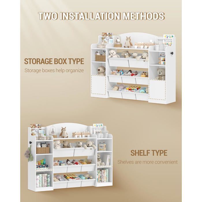 Estantería infantil de madera, con 8 cajas de tela no tejida para habitación infantil, color blanco, 30 x 140 x 104 cm.
