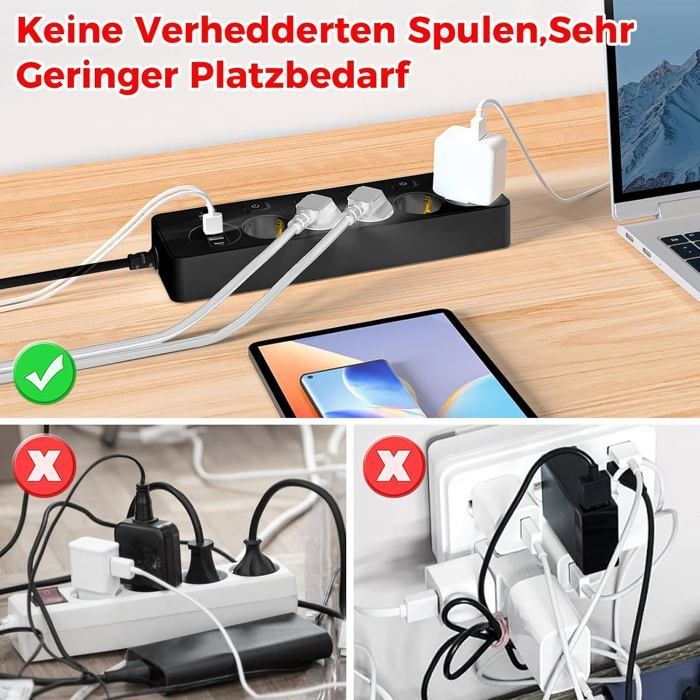 Steckdosenleiste, Überspannungsschutz, 5 Steckdosen + 4 USB-Anschlüsse, Überspannungsschutz und Blitzableiter
