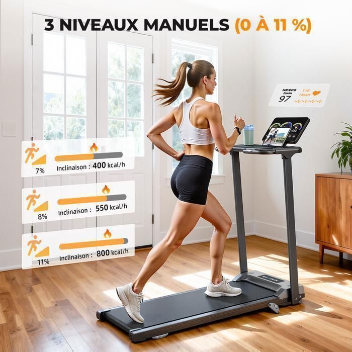 Tapis roulant pieghevole RAOO MIN 3.0 HP - 12 km/h, inclinazione 11%, portata 150 kg, 12 programmi