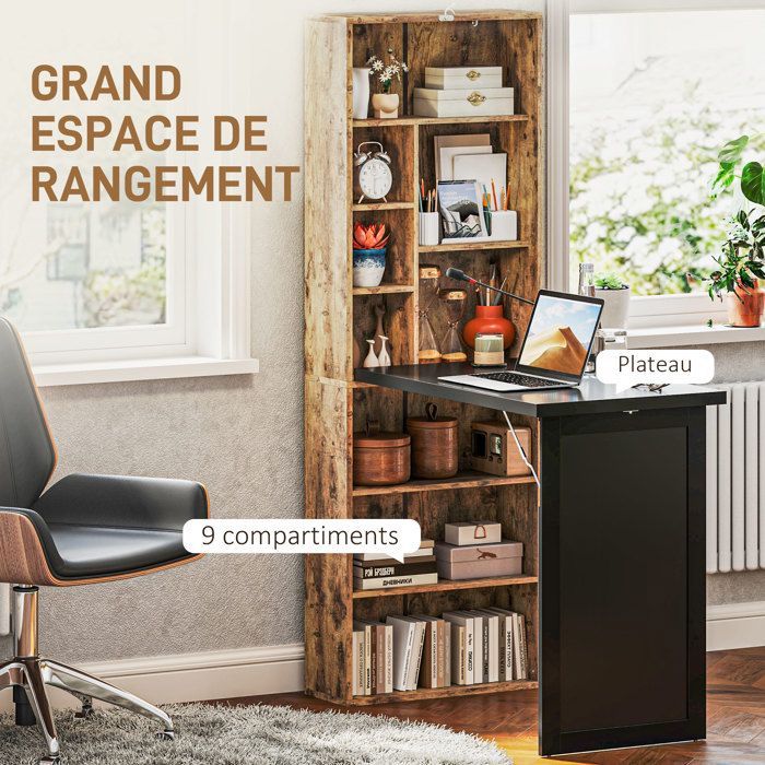 Desk with storage - HOMCOM - foldable - bookcase, workstation, blackboard, adjustable shelf - MDF - 98x51x153cm - brown