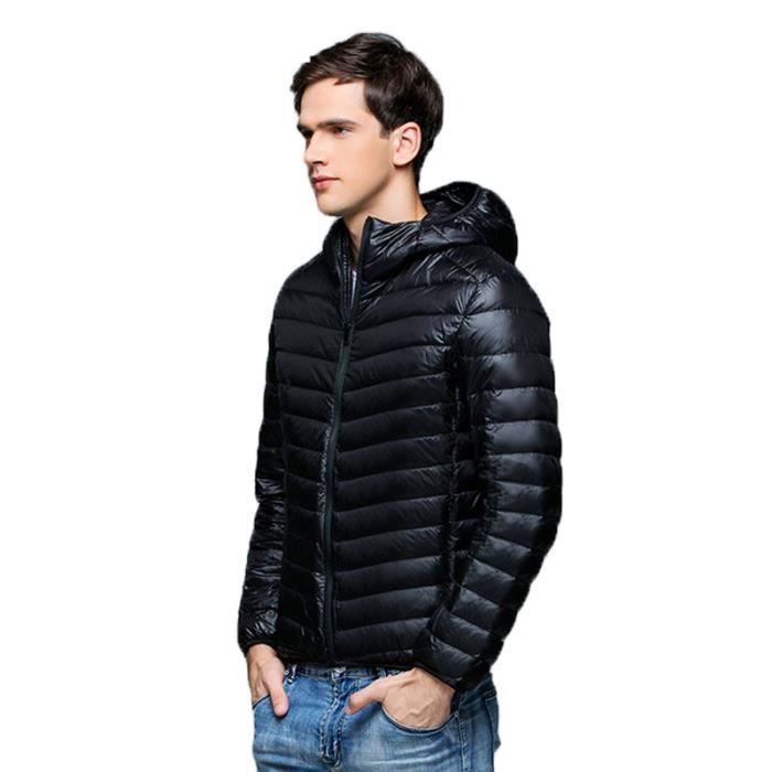 Chaqueta acolchada para hombre, chaqueta acolchada de manga larga con cuello alto y capucha, chaqueta de plumas cálida para entretiempo (otoño e invierno) - Negra