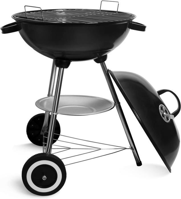 SunJas Barbecue à Charbon Rond, BBQ Mobile Barbecue Grill Portable de Jardin, avec Couvercle et 2 Roues