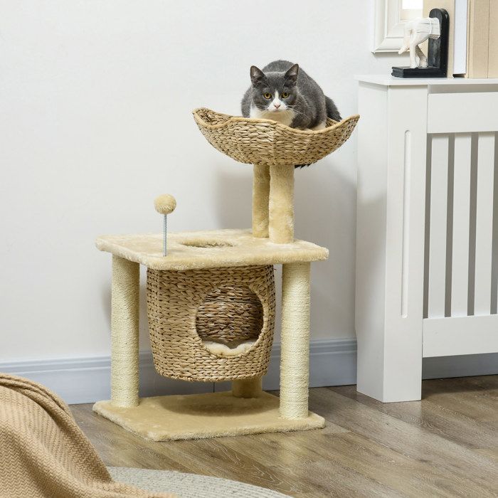 Árvore para gatos com arranhador - PawHut - árvore de escalada em junco com 1 toca, cesta, pompom, torre de brincar - pelúcia - altura 74 cm - bege