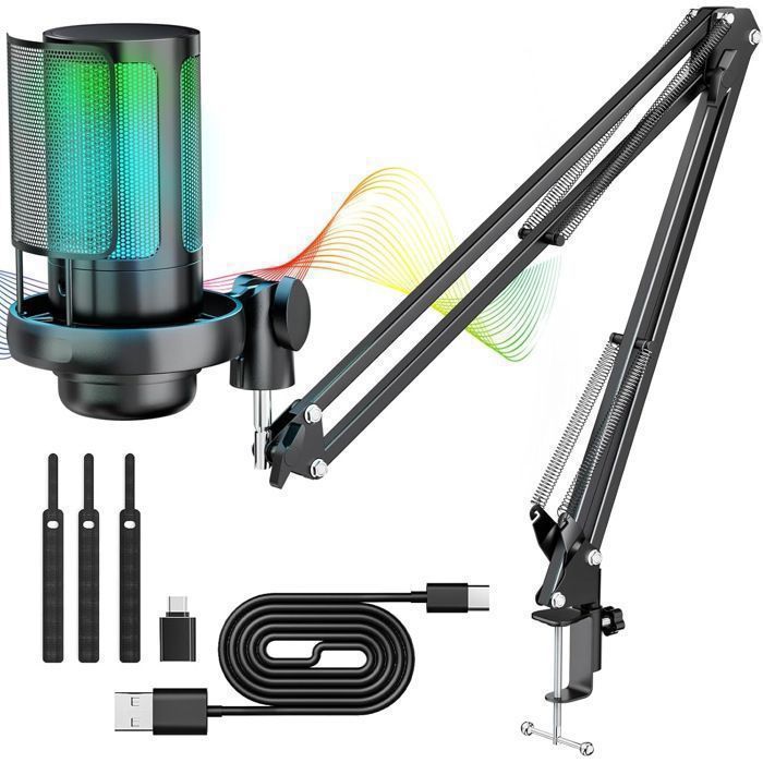 Condenser Microphone, RGB 24-bit/192 kHz, with Pop Filter/Mute/Gain/Monitor/Microphone Arm - Black - for PS4, Laptop, PS5, Mac OS