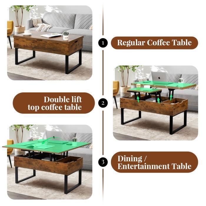 Salontafel met opklapbaar blad - VOWNER - Converteerbare salontafel voor eetkamer, vintage bruin - woonkamer - rechthoekig - vintage