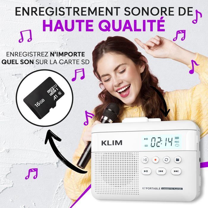 Cassette Player K7 - Lecteur Cassette Audio - Convertisseur Audio en MP3 - Microphone et Haut-Parleur intégrés - Blanc
