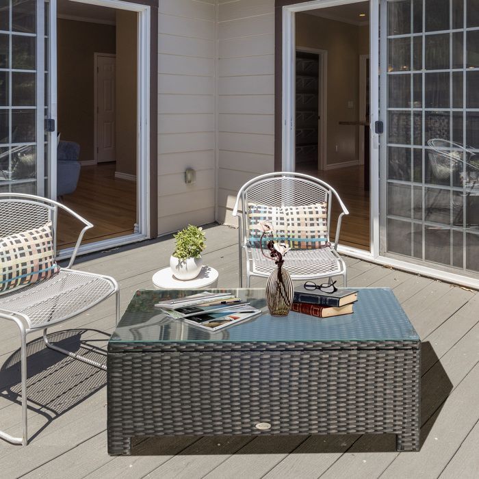 Garden coffee table - Outsunny - 5 mm tempered glass top - woven resin - max. 50 kg - 85 x 50 x 39 cm - black