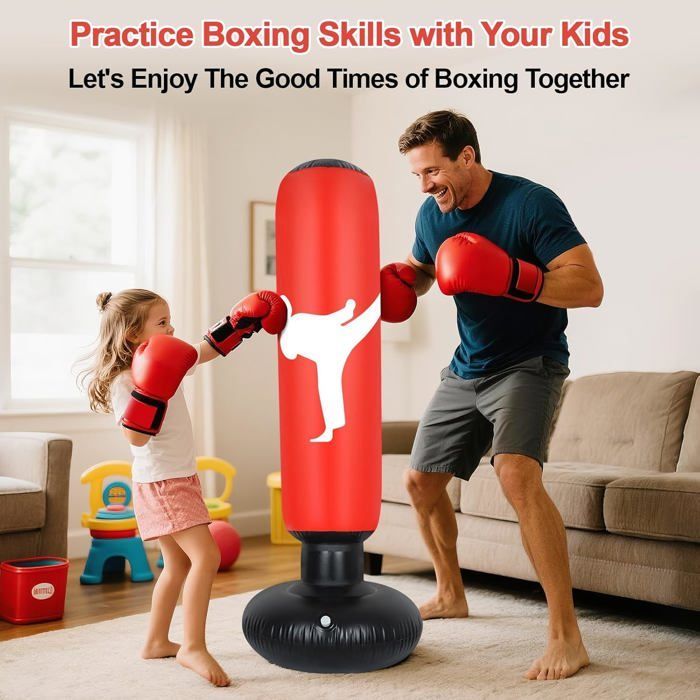 Saco de boxeo infantil de 160 cm con guantes y bomba, pelota de boxeo inflable para niños para taekwondo y karate, set de boxeo, color rojo.