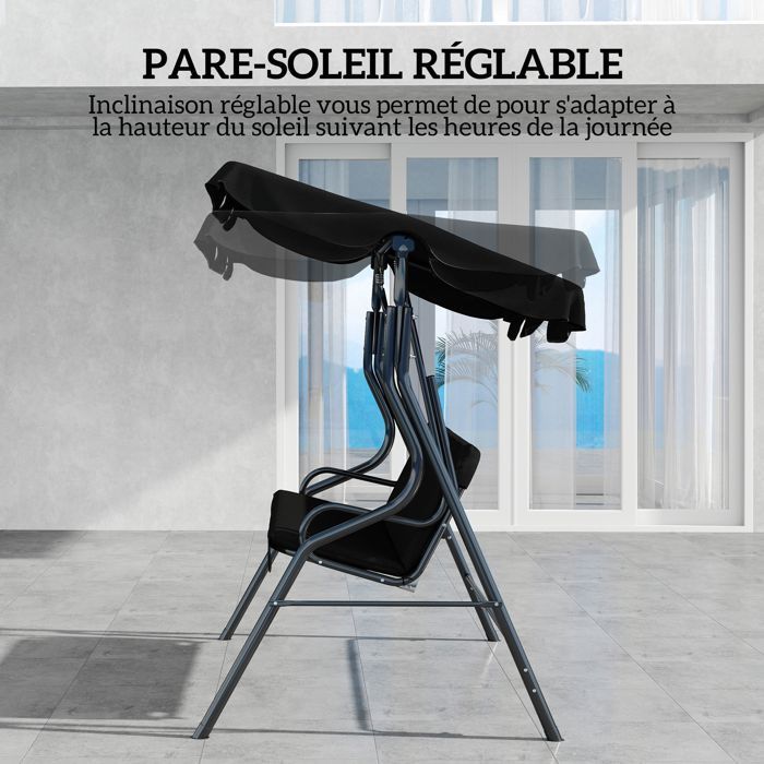 Columpio de jardín Outsunny - 3 plazas - toldo inclinable ajustable - cojines para asiento y respaldo - acero y poliéster - negro