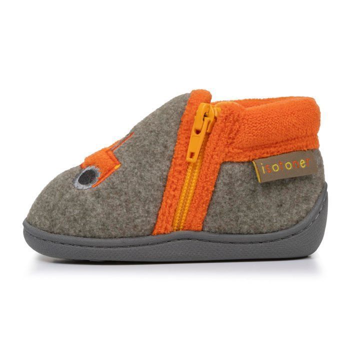 Isotoner Chaussons à zip, faciles à enfiler, bon maintien du pied, semelle antidérapante kaki chiné bébé garçon
