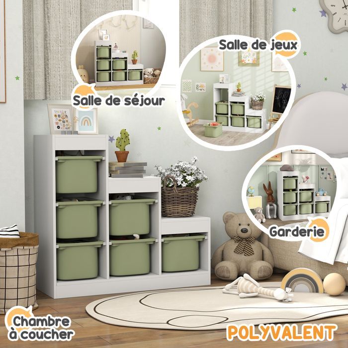 Mueble de almacenamiento de juguetes infantiles - AIYAPLAY - con 6 cajones extraíbles - 3 niveles de almacenamiento - 96 x 38,5 x 90 cm - Verde