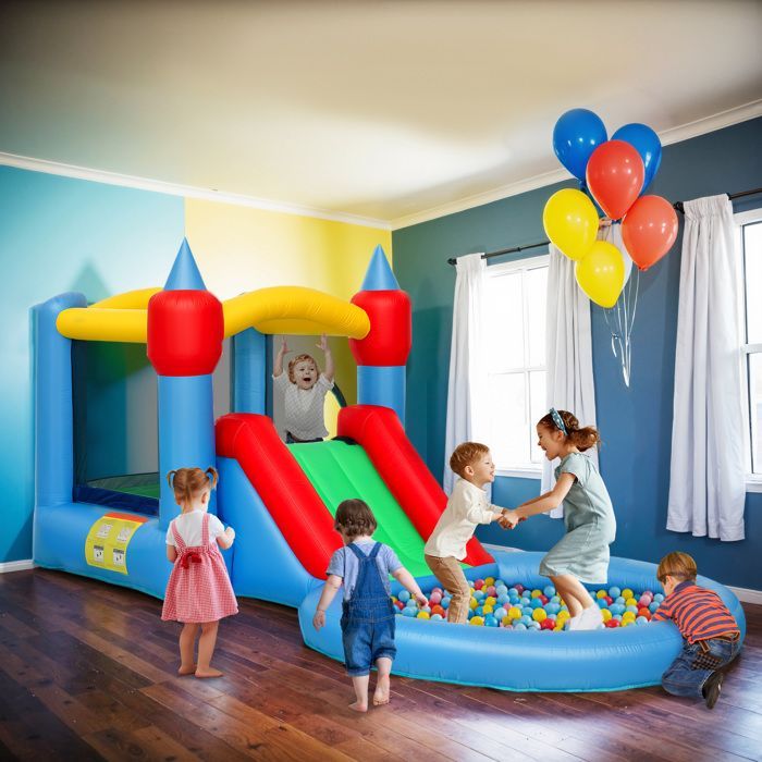 Château gonflable 4 en 1 - AIYAPLAY - toboggan, panier de basket, piscine à balles - souffleur 370W - 415 x 205 x 190 cm