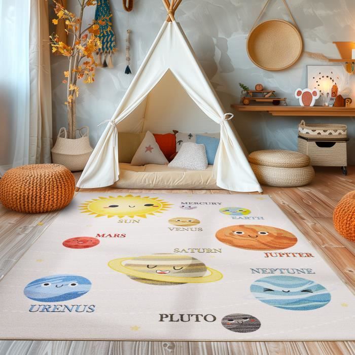 Tapis pour enfants avec motif système solaire, pour chambre, crème lavable et antidérapant