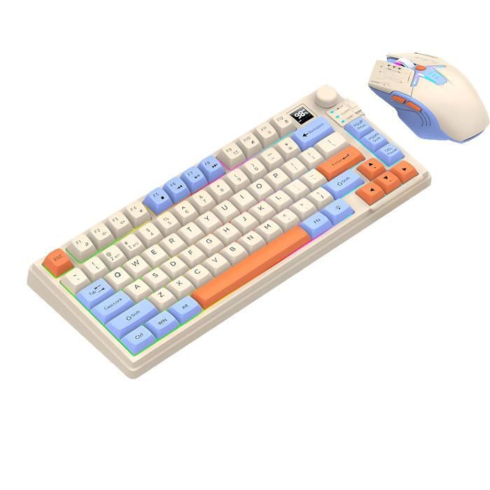 Ensemble clavier et souris, 80 touches, Bluetooth, sans fil 2,4 GHz, éclairage RGB, design ergonomique, multifonctionnel, bleu