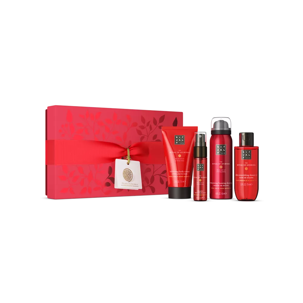 Coffret cadeau Le Rituel de l'Ayurveda : gel douche moussant 50 ml, huile de douche 75 ml, crème pour le corps 70 ml, brume pour cheveux et corps 20 ml