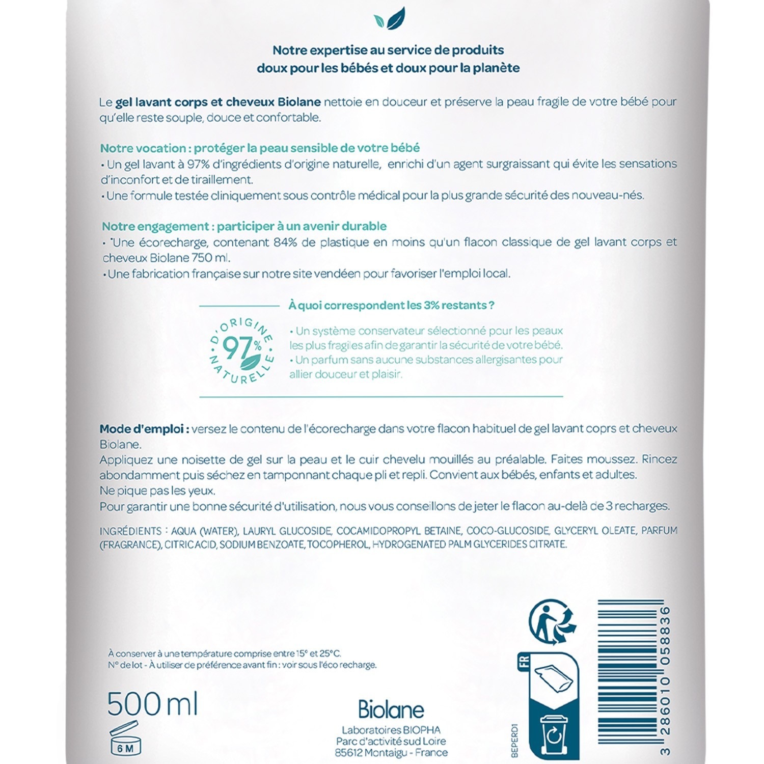 Biolane Eco-recharge Gel corps et cheveux 500 ml
