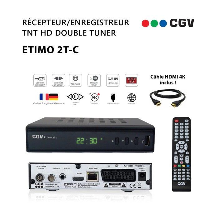 Ricevitore/registratore/decoder digitale terrestre HD CGV Etimo 2T-c con doppio sintonizzatore + cavo HDMI 4K - Canali televisivi digitali terrestri francesi e tedeschi