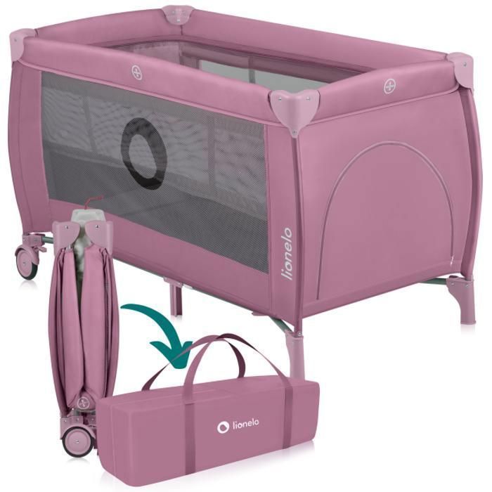 Cuna de viaje compacta 2 en 1 LIONELO Stefi Plus - Parque infantil - Colchón de espuma T25 - 0-36 meses - Plegado rápido - 2 ruedas - Rosa