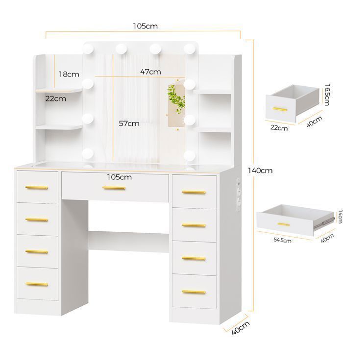 BEWISHOME Coiffeuse Blanc avec Miroir LED, Plateau en Verre, 9 Tiroirs de Rangement, 2 Ports USB et 2 Prises, 105 x 40 x 140 cm