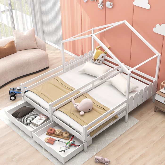 Ympäristöystävällinen sängynrunko - kestävästä materiaalista valmistettu perhesänky, parisänky, pinnasänky, vauvansänky kahdella laatikolla MDF-levyä, laatikot