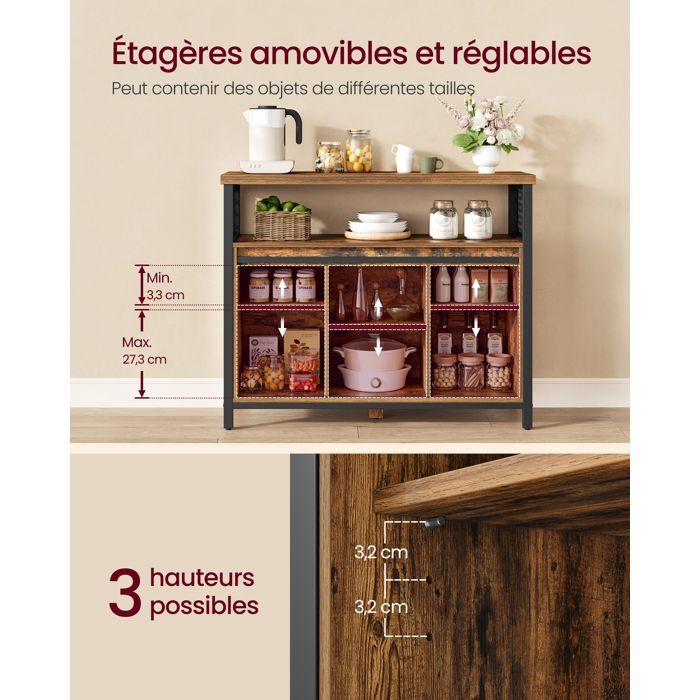 VASAGLE Buffet Cuisine, Commode, avec 2 Portes Coulissantes, 33 x 100 x 80 cm, Étagères Réglables, Marron Rustique et Noir