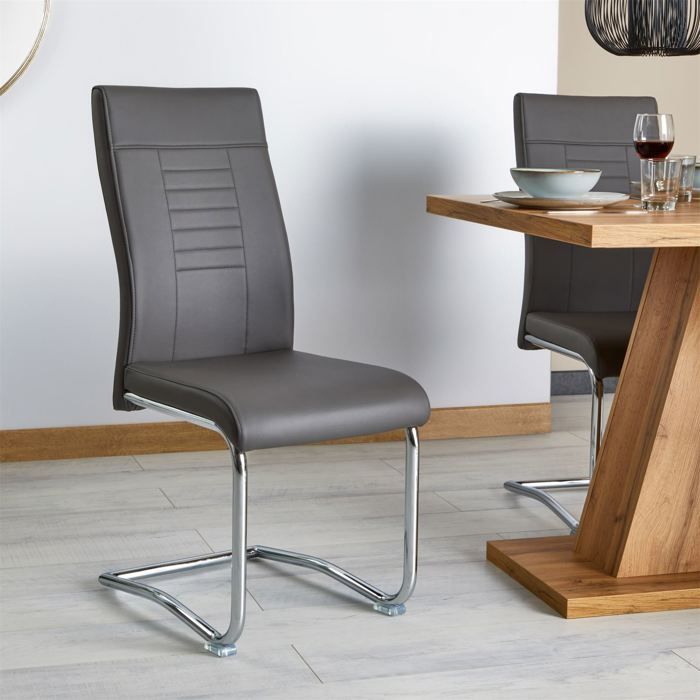 Conjunto de 4 cadeiras de jantar ou cozinha LOANO, modelo cantilever com assento acolchoado e pés de metal, cinza escuro.