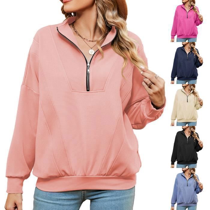 Pull Femme Col À Fermeture Éclair Automne Hiver Casual Pullover Manches Longues Couleur Unie Confortable - Taille EU - Bleu Marine