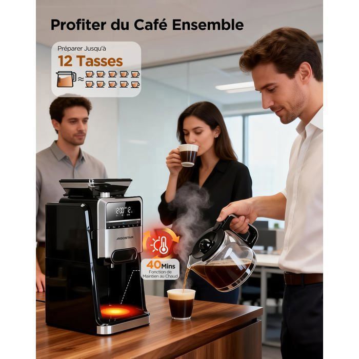 Macchina da caffè Aigostar con macinacaffè integrato, 1400 W - Macchina per caffè filtro, 1,5 l (12 tazze) - 7 impostazioni di macinatura e 3 livelli di intensità - Programmabile 24 ore su 24