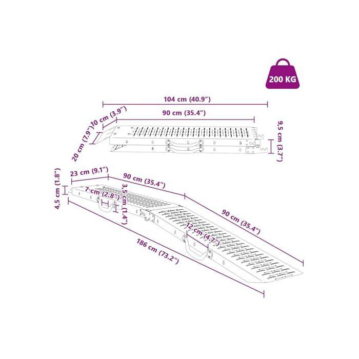 Rampa de carga de acero galvanizado - vidaXL - Plata - 185 x 22,5 x 4,5 cm - Plegable - Antideslizante - 200 kg por unidad