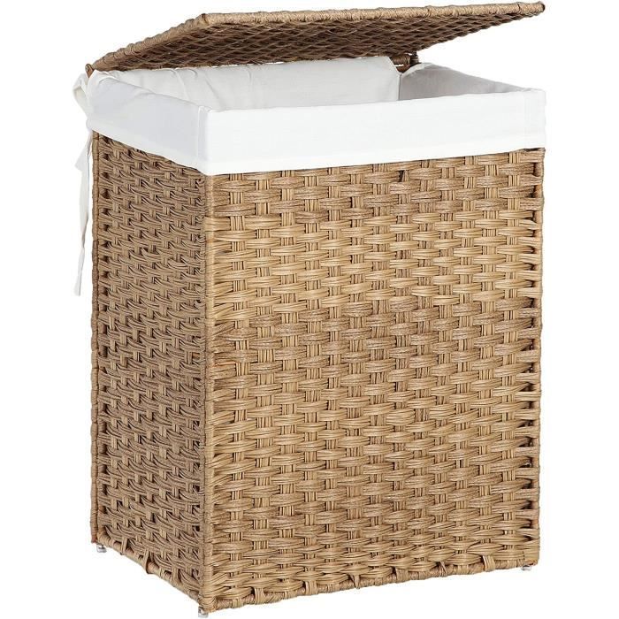 SONGMICS Panier de Rangement, Corbeille Linge Sale 90L avec Couvercle, Pliable, Sac en Tissu Amovibles et Poignées, Couleur Boisée