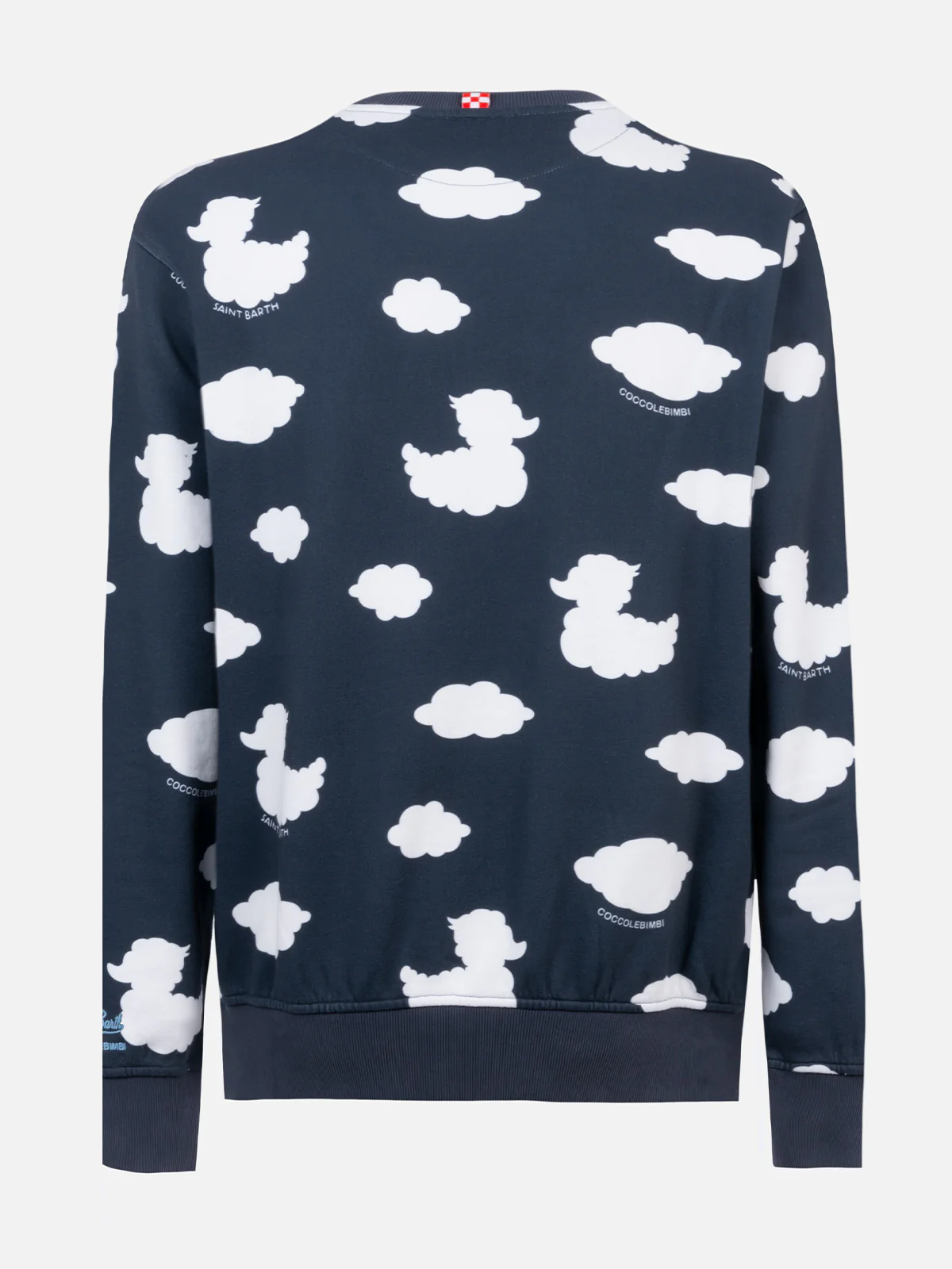 Blauwe sweater met ronde hals en geborduurde tekst 