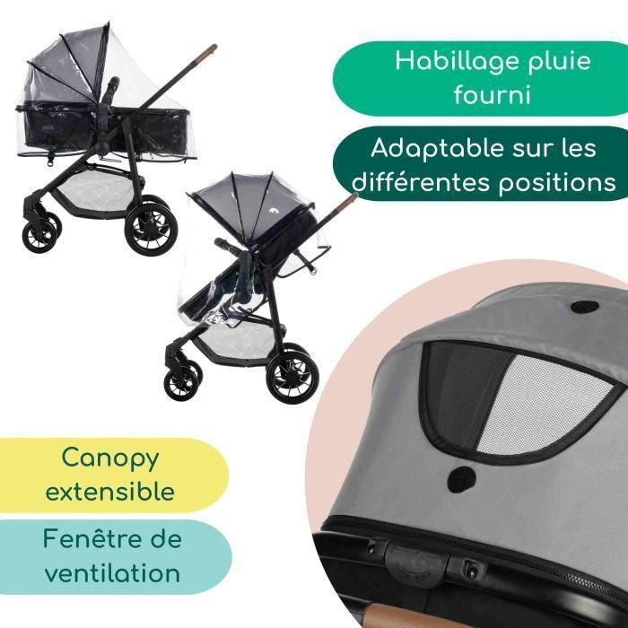BEBECONFORT HAZE Poussette 3 en 1, Assise transformable en nacelle + siège auto i-Size + habillage pluie, 0-22kg, Tinted Gray