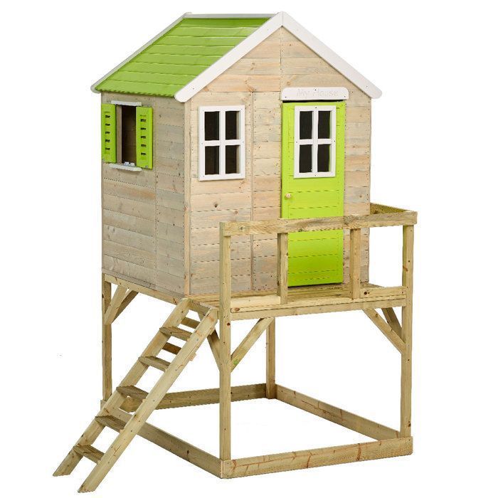 Casetta da gioco per bambini all'aperto KANGUI - Casetta in legno con piattaforma - Tetto impermeabile - Verde e bianco