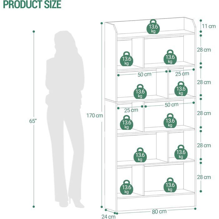 Estantería de 6 niveles, mueble para libros, separador de ambientes, para salón, dormitorio u oficina, 24 x 80 x 170 cm, blanca.