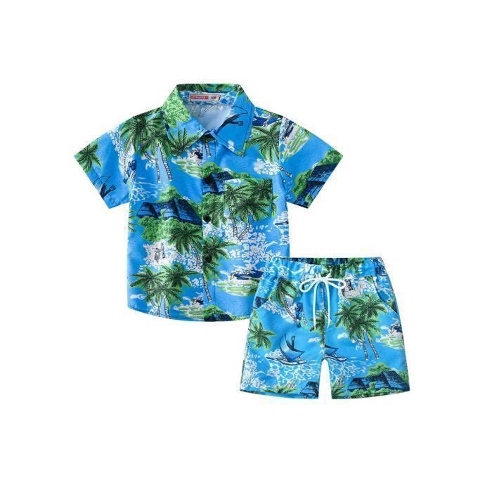 Conjunto de camisa hawaiana de manga corta y pantalones cortos de playa con cintura elástica, conjunto de verano de 2 piezas para niños - Verde