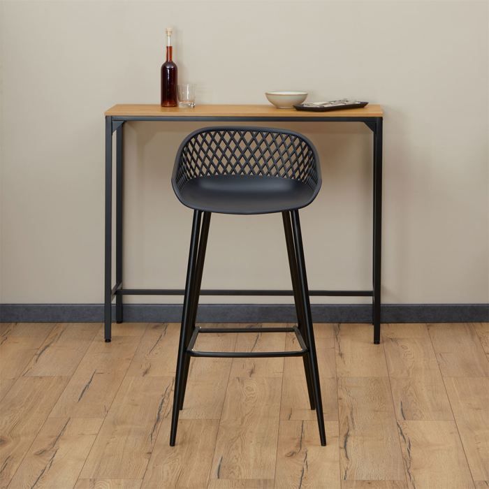Lot de 2 tabourets de bar IREK chaise haute pour cuisine ou comptoir design retro, en plastique et métal noirs, hauteur d'assise 75