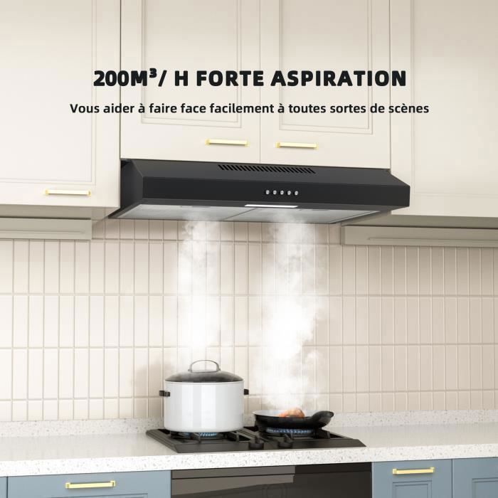 FIREGAS 60cm afzuigkap, onderbouw afzuigkap in roestvrij staal, met LED-verlichting, koolstoffilter, zwart