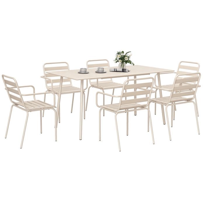 Salon de jardin - Outsunny - 7 pièces - avec 1 table et 6 chaises empilables - en acier - beige