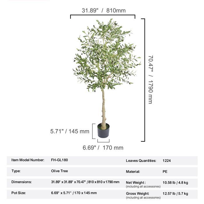Ulivo artificiale - DUOKU - 1,8 m - Materiale PE - Protezione anti-ribaltamento - Per interni