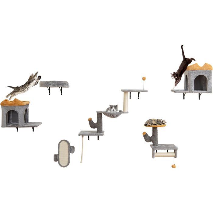 COSTWAY Wall-Mounted Cat Tree Set, 2-Tier Platform, 2 Cat Condos, Cat Bed with Headrest, Scratching Board