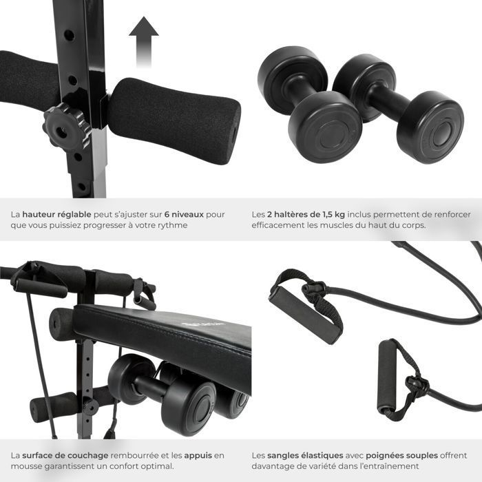 Equipo de ejercicio - TECTAKE - CUTTLER banco abdominal plegable y ajustable con 6 posiciones, 129 x 55 x 70 cm - Negro