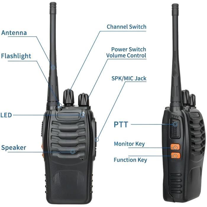 Walkie-talkies, 4 unidades, 16 canales, función de linterna, aptos para uso en exteriores, color negro.