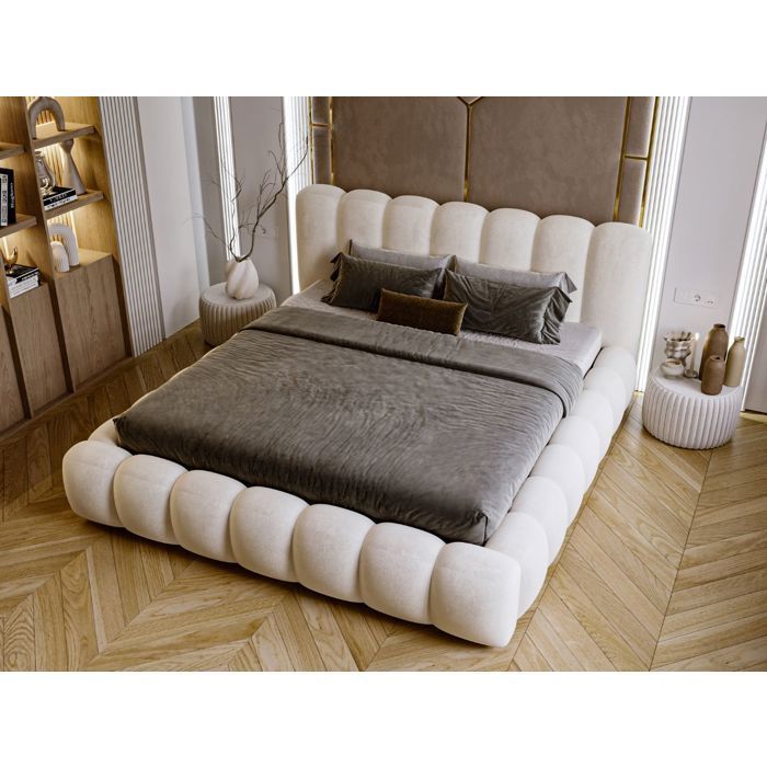 Structure de lit - Tissu en velours - Sommier à lattes - lit beige - Averia 140x200