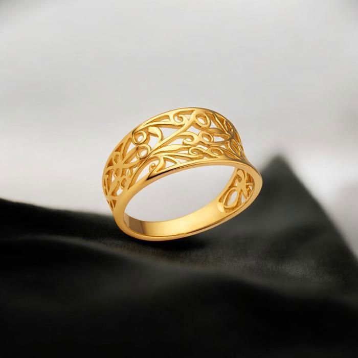 Women's Wide Openwork Filigree Ring in 18K Gold Plated Design – Statement Ring with Retro/Baroque Style Swirls – Elegant Jewelry
