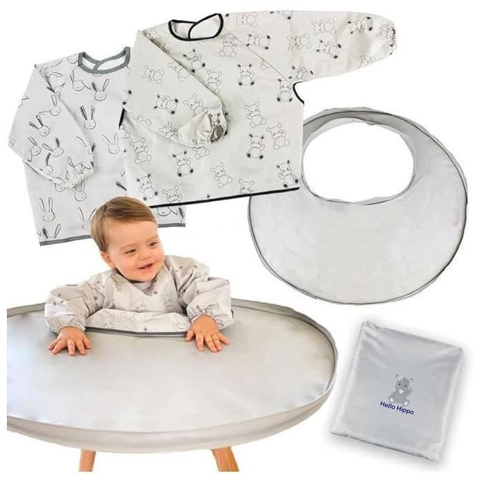 Hello Hippo® Kit 2 bavoirs et plateau de diversification imperméables gris à motif pour chaise haute bébé - Bavoirs + plateau