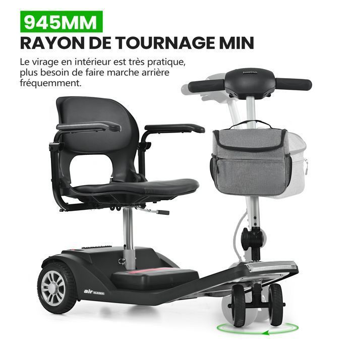 Scooter eléctrico de 4 ruedas AIR CLASSIC, 250 W, asiento giratorio de 360°, autonomía de 20 km, batería de litio de 12 Ah, movilidad para personas con movilidad reducida y personas mayores - Negro