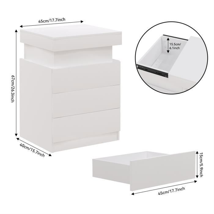 Bedside Table with USB Ports and Outlets - LDSZXNE - White - 3 Drawers - 16 Color LED Lights