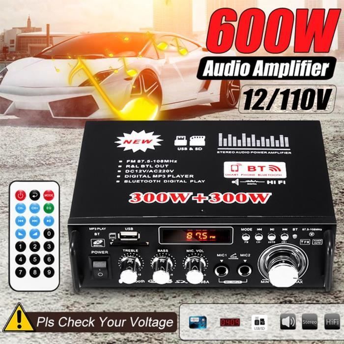 Amplificador - BT-298A - 600W - 2 canales - Bluetooth - Radio FM - Control remoto
