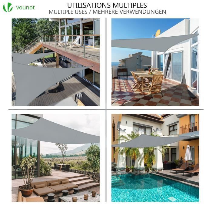 Toldo triangular impermeable VOUNOT - Gris - 3x3x3m - Resistente a los rayos UV - Cuerdas de fijación incluidas